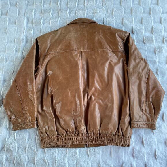 🔥Vintage Y2K Leather 2000 Brown Bomber Jacket Faux Fur Lined Grunge Biker Patina - Picture 5 of 16